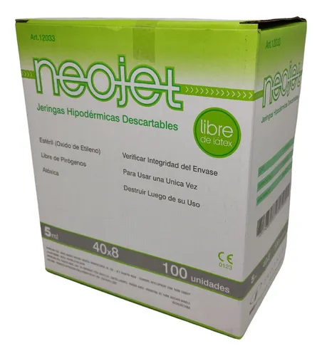 Jeringa Descartable 5ml C/aguja 40x8 X 100 Unidades Neojet Capacidad En Volumen 5 Ml